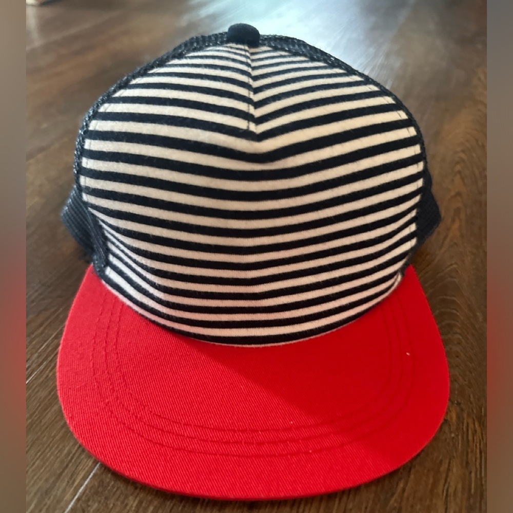 Striped Black and White Kids Hat with Red Brim